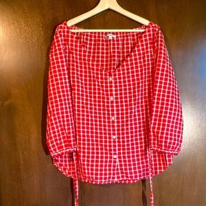 Madewell Cotton Lyocell Red Gingham Wide Neck Button Down Shirt, XL NWOT